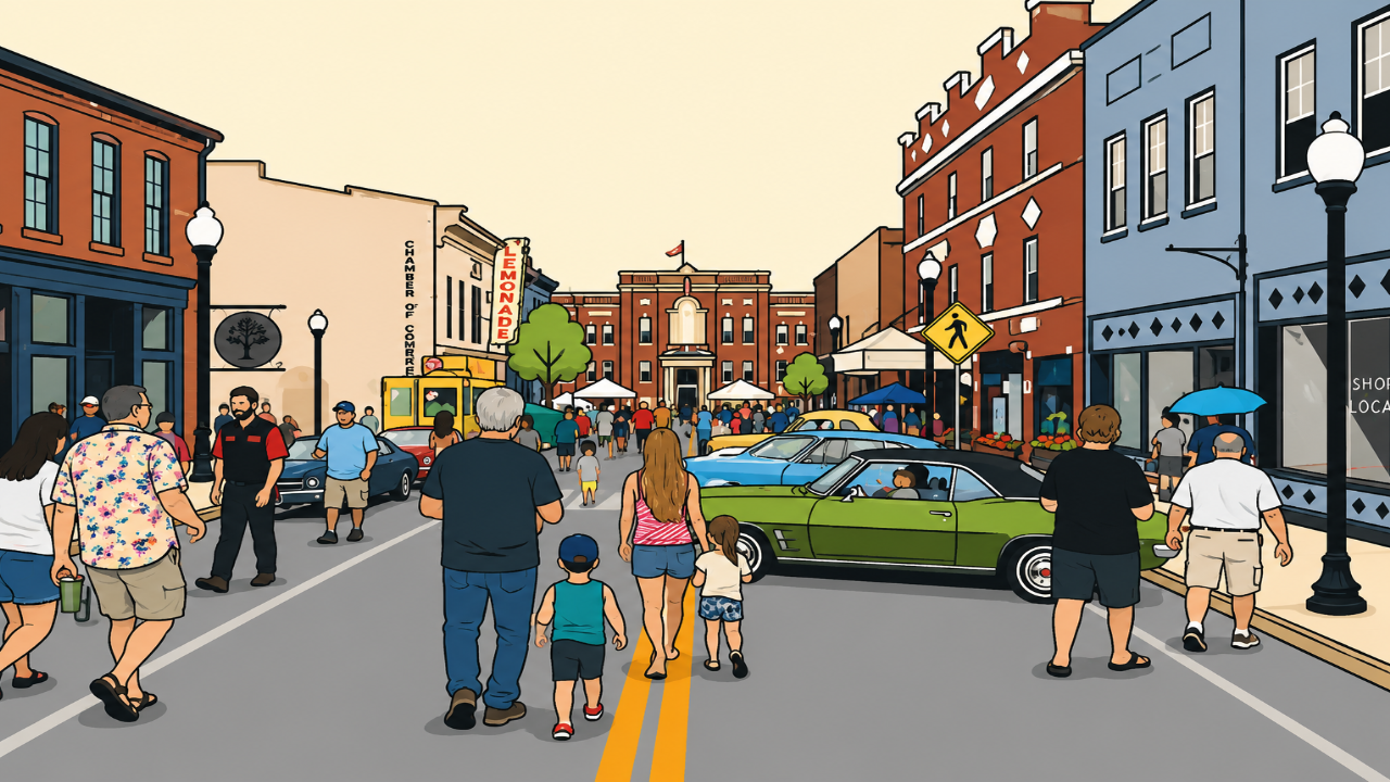 Downtown Elizabethtown street at dusk
